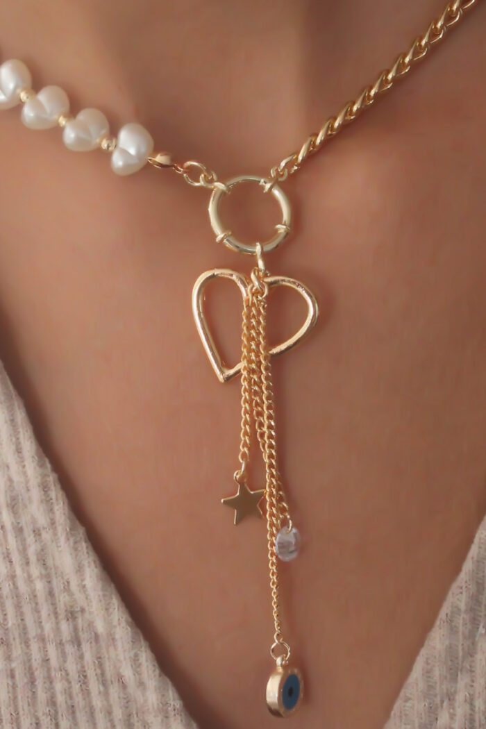 Gold Color Heart Model Pearl Bead Detail Women's Necklace BKO6808 - Image 2