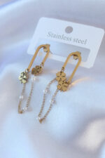 316L Steel Gold Color Clover Figure Hanging Model Pearl Detail Women's Earring BKP7540 - Image 2