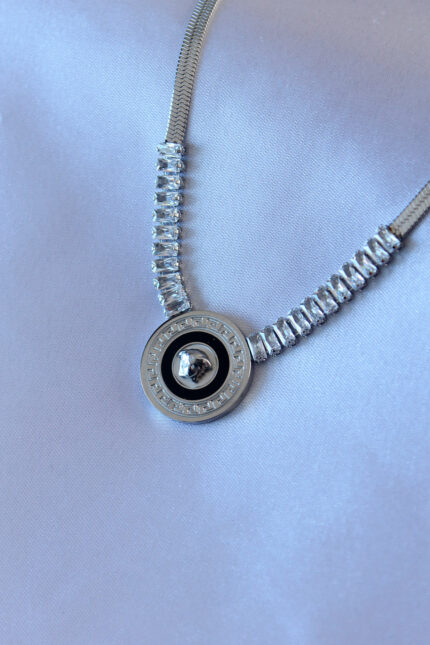 316L Steel Silver Color Zircon Stone Italian Chain Embroidered Medallion Model Women's Necklace BKO7528