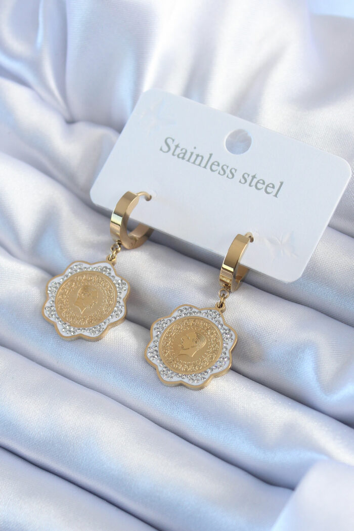 316L Steel Gold Color Quarter Model Zircon Stone Detail Women's Earring BKP8018 - Image 1